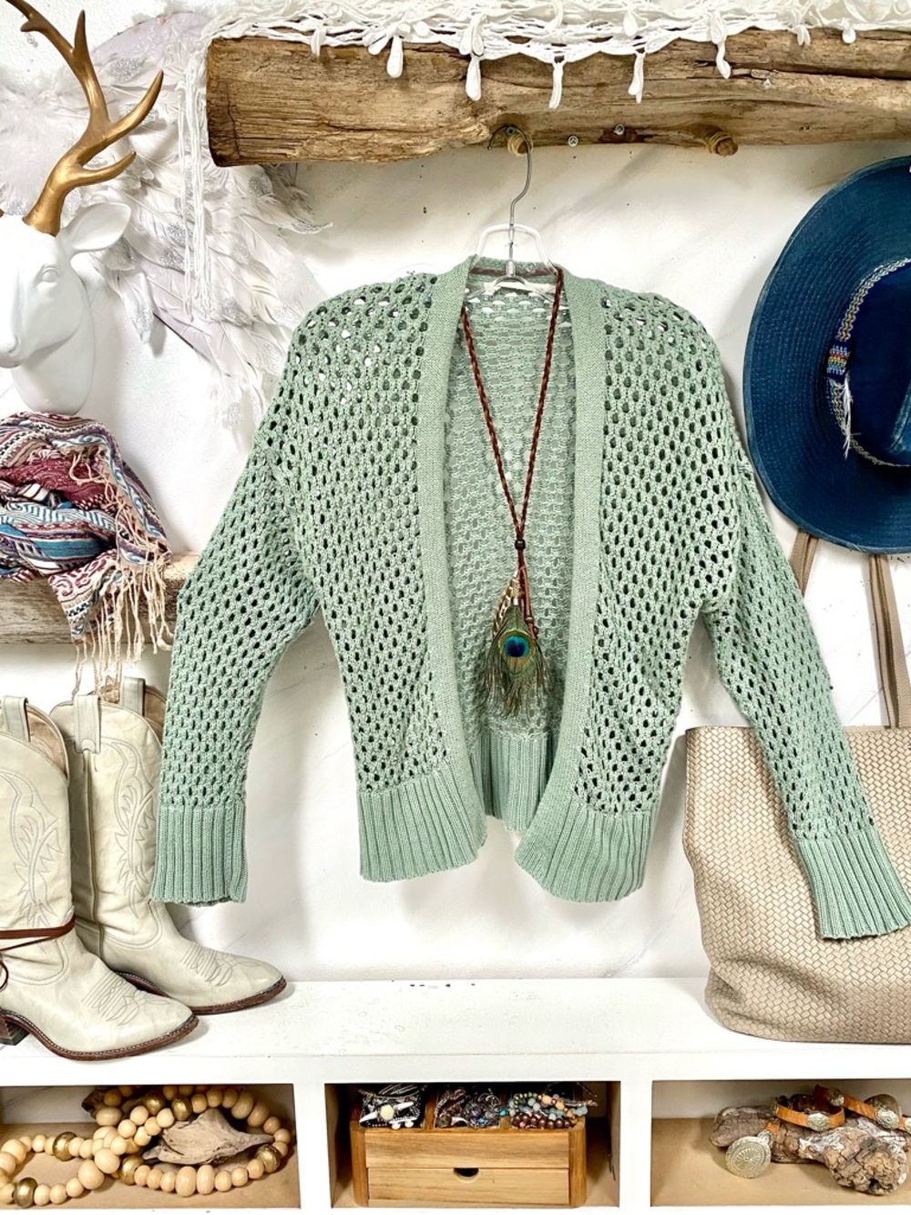 Mesh Sage green Semi sheer crochet/cover up boho Cardi w shabby chic beach vibe - Picture 2 of 15